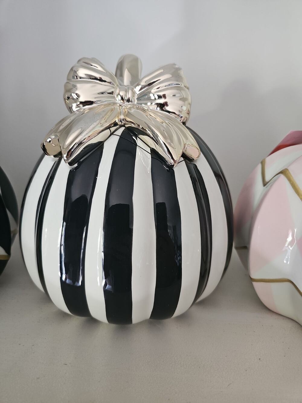 Mackenzie Childs Inspired Ceramic Pumpkin Black & White Stripe